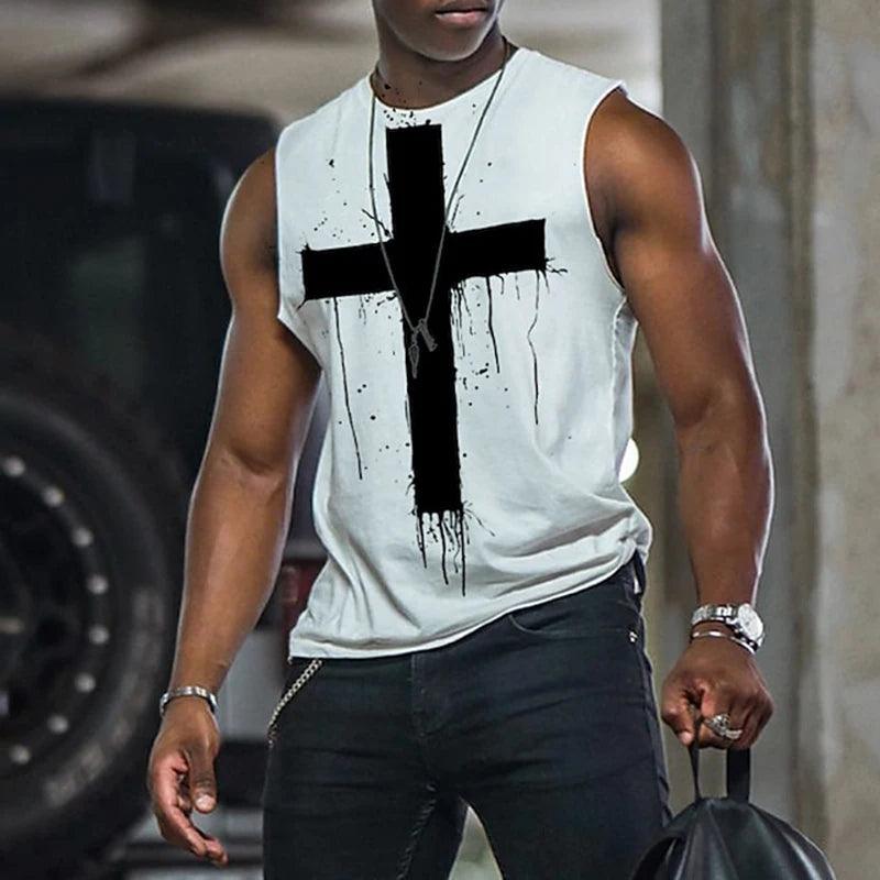 Men's Vest Cross Crew Graphics Sleeveless T-Shirt