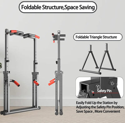 Foldable Power Tower Dip Station Pull Up Bar Station